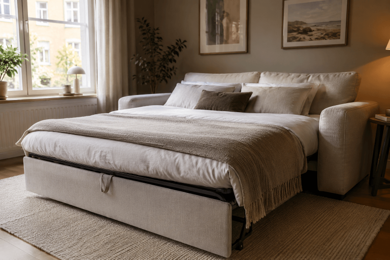 Utfälld bäddsoffa i ljust tyg med vita sängkläder och beige pläd i ett ljust vardagsrum