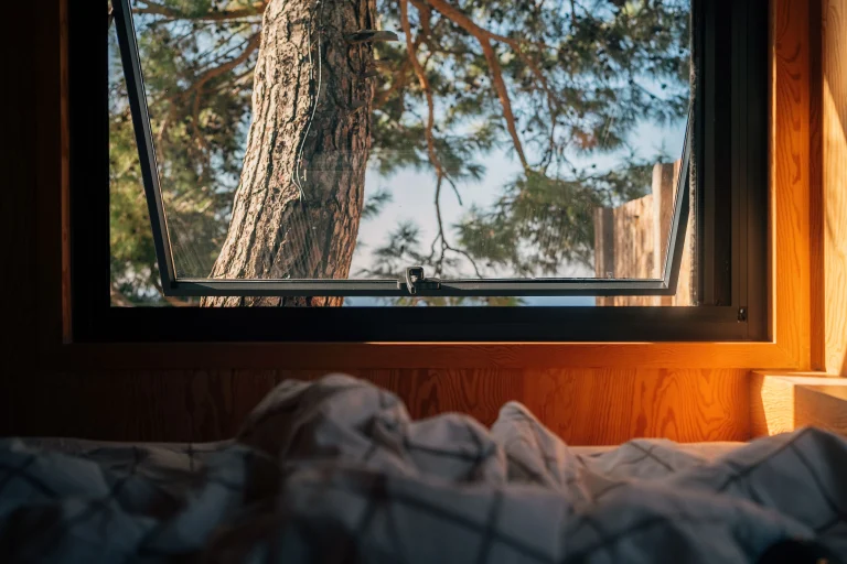 Säng vid ett öppet fönster med utsikt mot tallar
